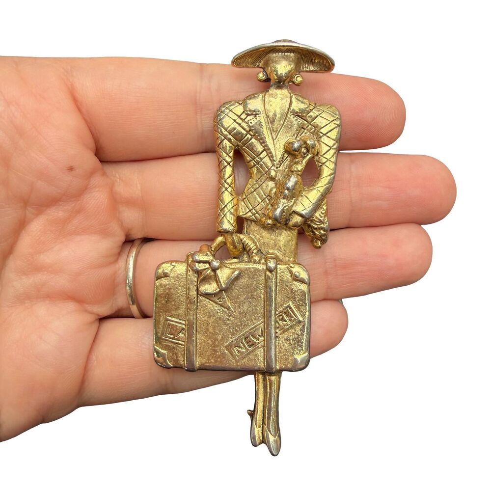 Vintage Jewelry Fancy Traveler Lady Brooch Traveling Lady Pin